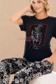 siyah - beyaz renkli ve çiçek desenli lady 12597 kadınların tercihi düz paça pamuk viskon kısa kol pijama takımı, 8509990000301, kısa kollu pijama takımları, Lady
