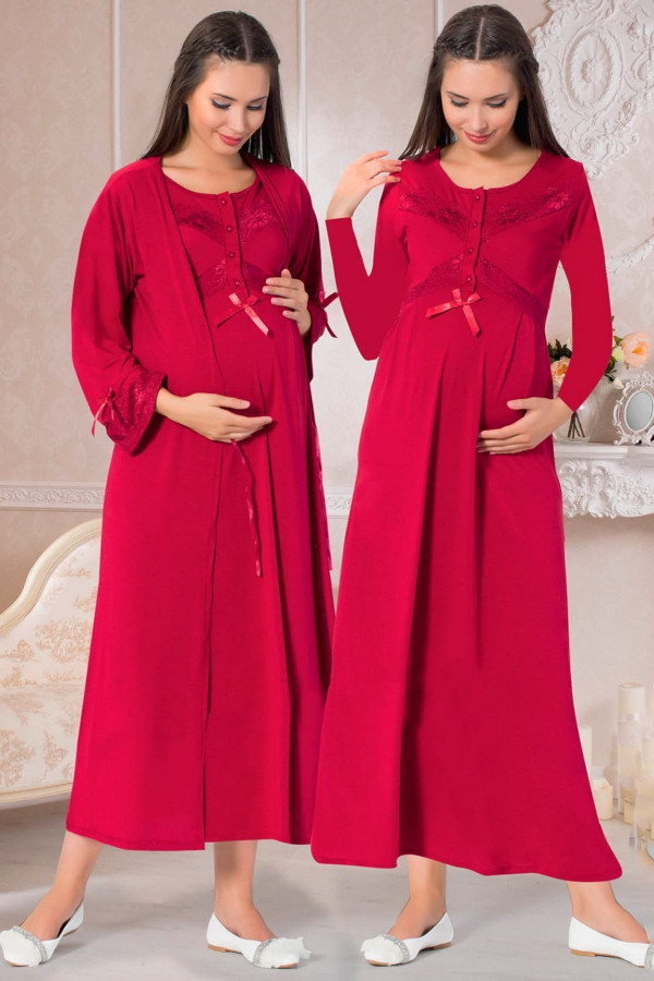 bordo renkli sabahlıklı lohusa gecelik pijama takımı jenika 26527 2 li sabahlıklı hamile gecelik takım, jenika-26527, lohusa gecelik takım, Jenika