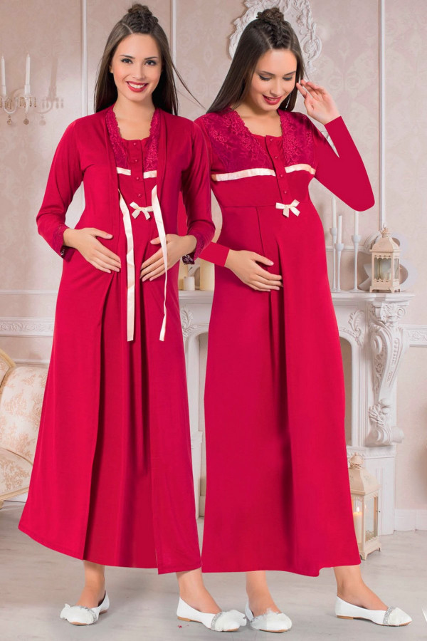 bordo renkli sabahlıklı lohusa gecelik pijama takımı jenika 26557 2 li sabahlıklı hamile gecelik takım, jenika-26557, lohusa gecelik takım, Jenika