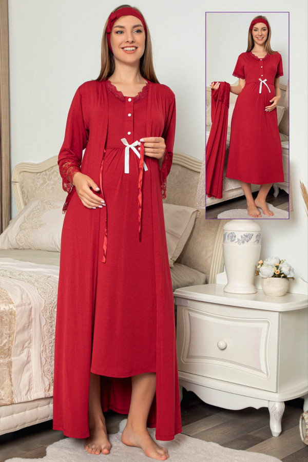 bordo renkli sabahlıklı lohusa gecelik pijama takımı jenika 48146 2 li sabahlıklı hamile gecelik takım, jenika-48146, lohusa gecelik takım, Jenika