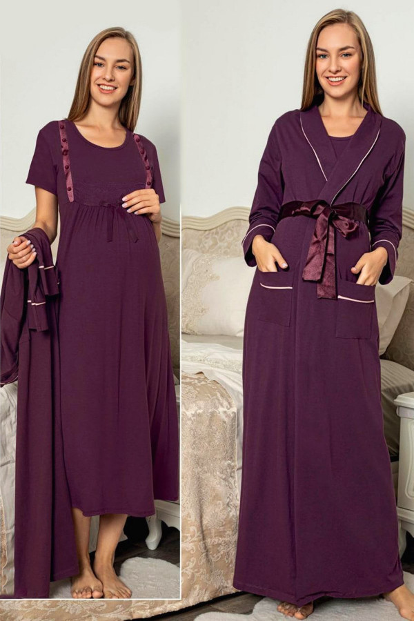 mürdüm renkli sabahlıklı lohusa gecelik pijama takımı jenika 49216 2 li sabahlıklı hamile gecelik takım, jenika-49216, lohusa gecelik takım, Jenika