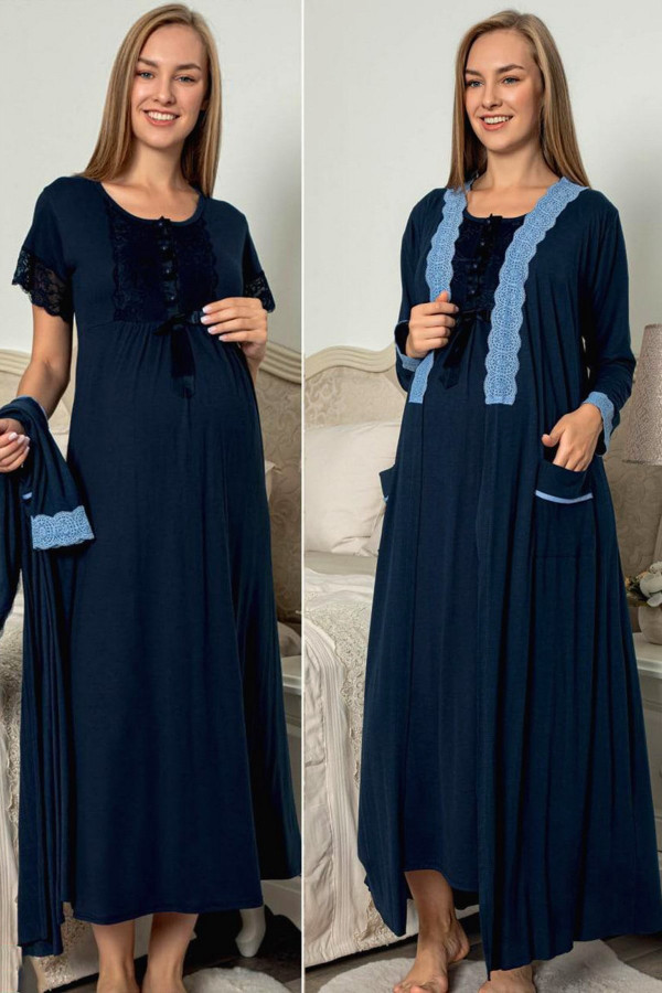 lacivert renkli sabahlıklı lohusa gecelik pijama takımı jenika 49220 2 li sabahlıklı hamile gecelik takım, jenika-49220, lohusa gecelik takım, Jenika