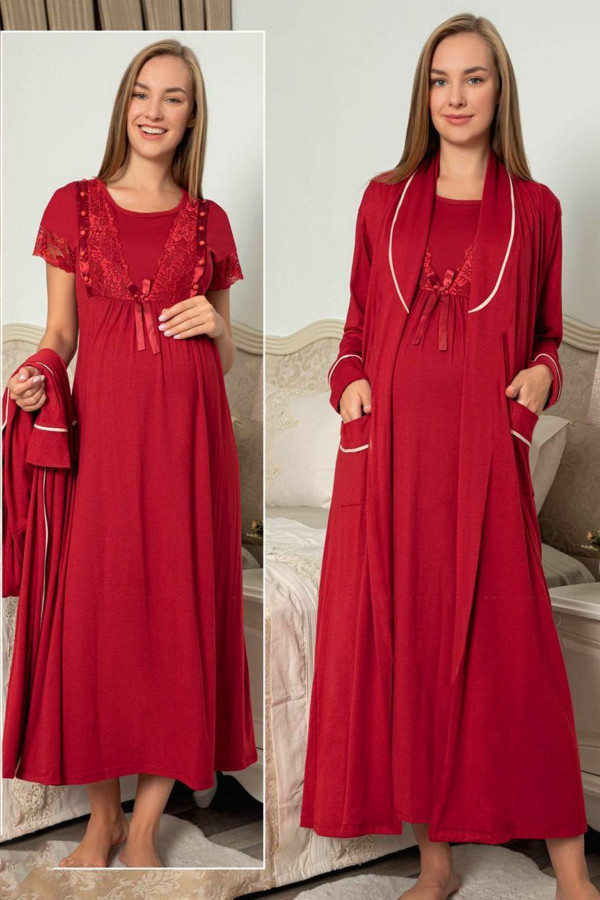 bordo renkli sabahlıklı lohusa gecelik pijama takımı jenika 49228 2 li sabahlıklı hamile gecelik takım, jenika-49228, lohusa gecelik takım, Jenika