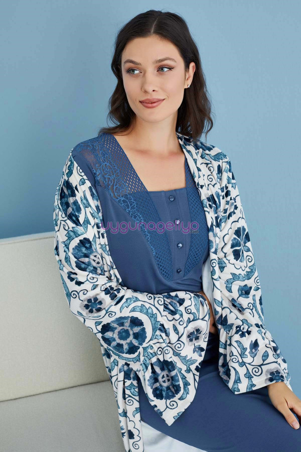 i̇ndigo renk tuba 23452 uzun kol dantel detaylı 2li ve sabahlıklı hamile gecelik takım set, tuba-i̇ndigo-23452, tuba pijama takımı, Tuba