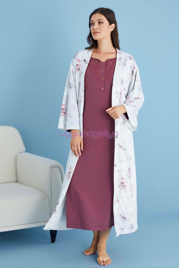 mürdüm renk tuba 23458 uzun kol dantel detaylı 2li ve sabahlıklı hamile gecelik takım set, tuba-mürdüm-23458, tuba pijama takımı, Tuba