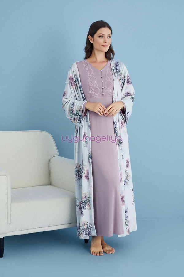lila renk tuba 23460 uzun kol dantel detaylı 2li ve sabahlıklı hamile gecelik takım set, tuba-lila-23460, tuba pijama takımı, Tuba