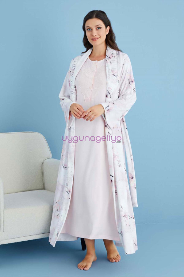 pembe renk tuba 23462 uzun kol dantel detaylı 2li ve sabahlıklı hamile gecelik takım set, tuba-pembe-23462, tuba pijama takımı, Tuba
