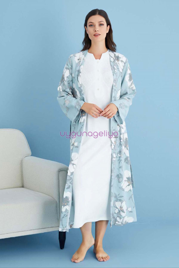 ekru renk tuba 23463 uzun kol dantel detaylı 2li ve sabahlıklı hamile gecelik takım set, tuba-ekru-23463, tuba pijama takımı, Tuba
