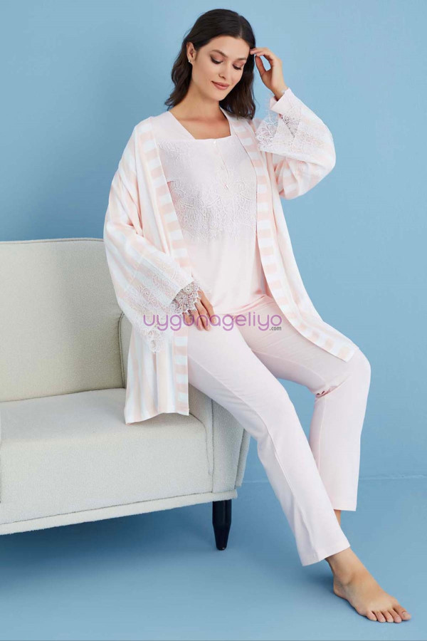 pembe renk tuba 23564 uzun kol dantel detaylı 3 lü ve sabahlıklı hamile pijama takım set, tuba-pembe-23564, lohusa pijama takımları, Tuba