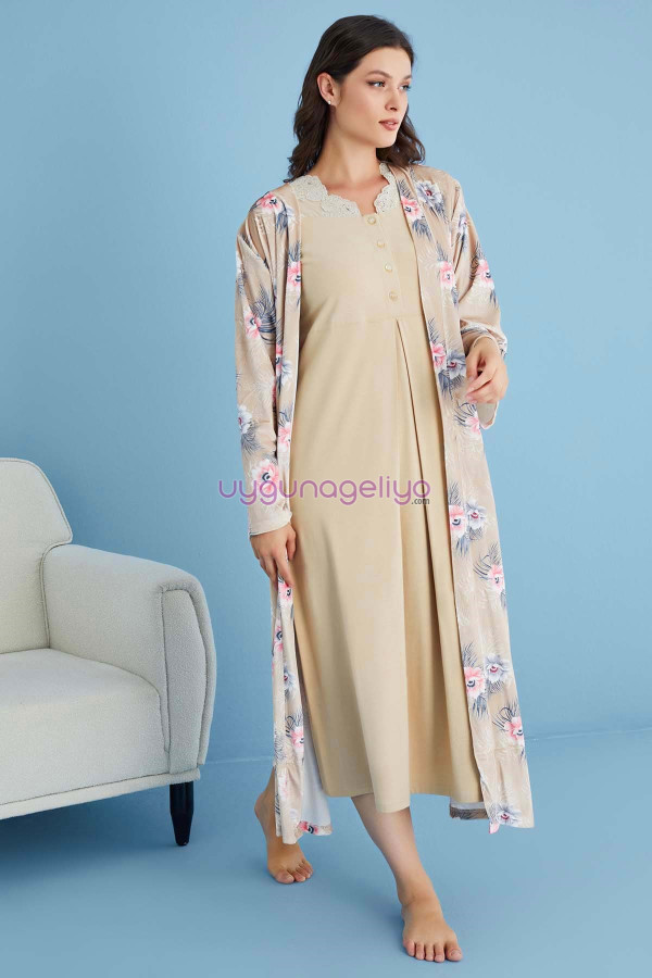 somon renk tuba 22450 uzun kol dantel detaylı 2li ve sabahlıklı hamile gecelik takım set, tuba-somon-22450, tuba pijama takımı, Tuba