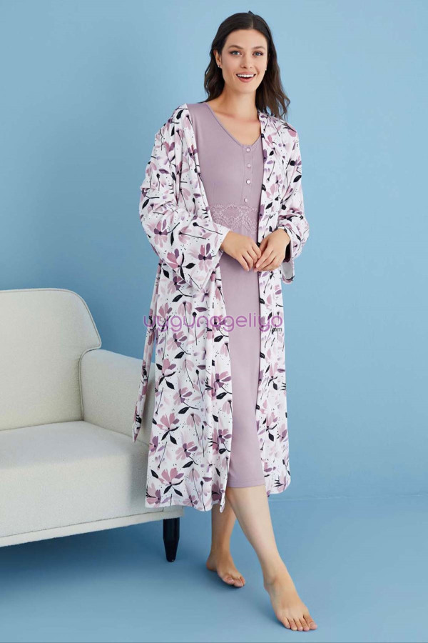 lila renk tuba 23456 uzun kol dantel detaylı 2li ve sabahlıklı hamile gecelik takım set, tuba-lila-23456, tuba pijama takımı, Tuba