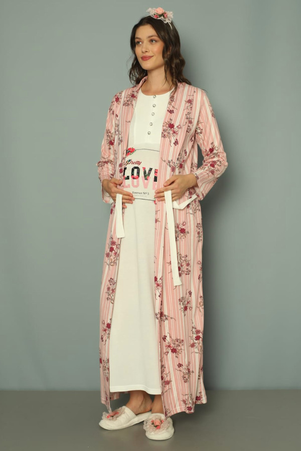 pembe - beyaz renk erdeniz 2257 2 parça sabahlıklı hamile gecelik takımı, erdeniz-pb-2257, erdeniz pijama takımı, Erdeniz