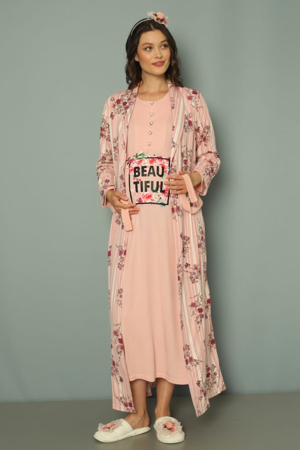 pembe renk erdeniz 2257 2 parça sabahlıklı hamile gecelik takımı, erdeniz-p-2257, erdeniz pijama takımı, Erdeniz