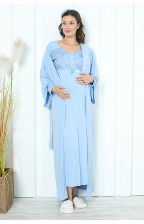 Bebe Mavisi Renk Dantel Detaylı Erdeniz 2258 2 Parça Sabahlıklı Hamile Gecelik Takım