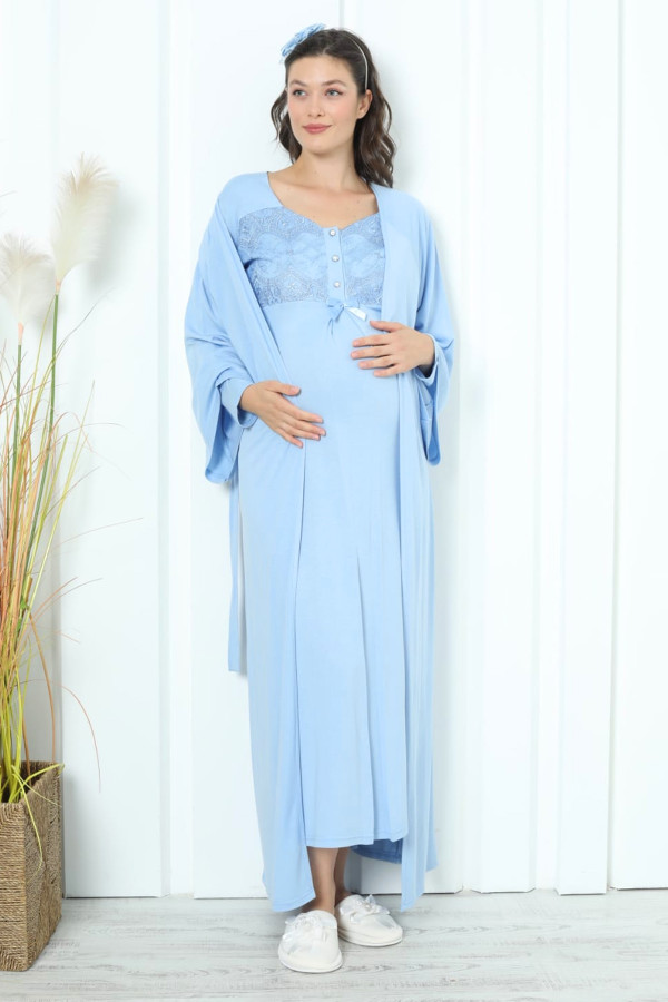 bebe mavisi renk dantel detaylı erdeniz 2258 2 parça sabahlıklı hamile gecelik takım, erdeniz-mv-2258, erdeniz pijama takımı