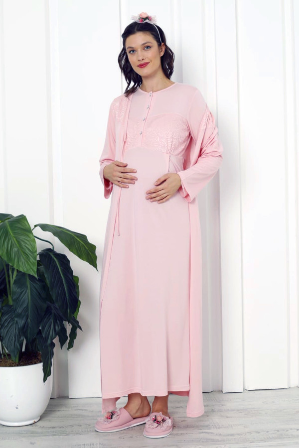 bebe pembesi renk dantel detaylı erdeniz 2262 2 parça sabahlıklı hamile gecelik takım, erdeniz-pm-2262, erdeniz pijama takımı, Erdeniz
