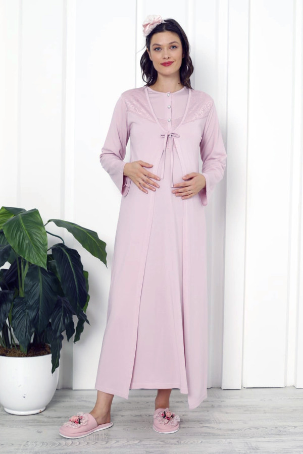 pudra renk dantel detaylı erdeniz 2262 2 parça sabahlıklı hamile gecelik takım, erdeniz-pu-2262, erdeniz pijama takımı, Erdeniz
