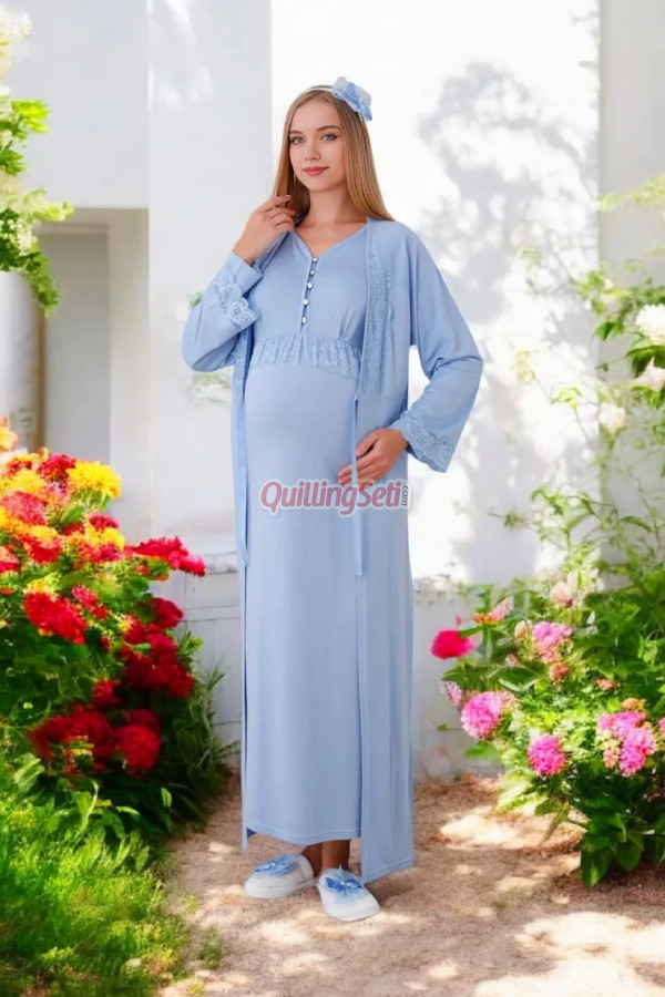 bebe mavi renk dantel detaylı erdeniz 2285 sabahlıklı 2li hamile gecelik takım, 8509990003265, erdeniz pijama takımı, Erdeniz