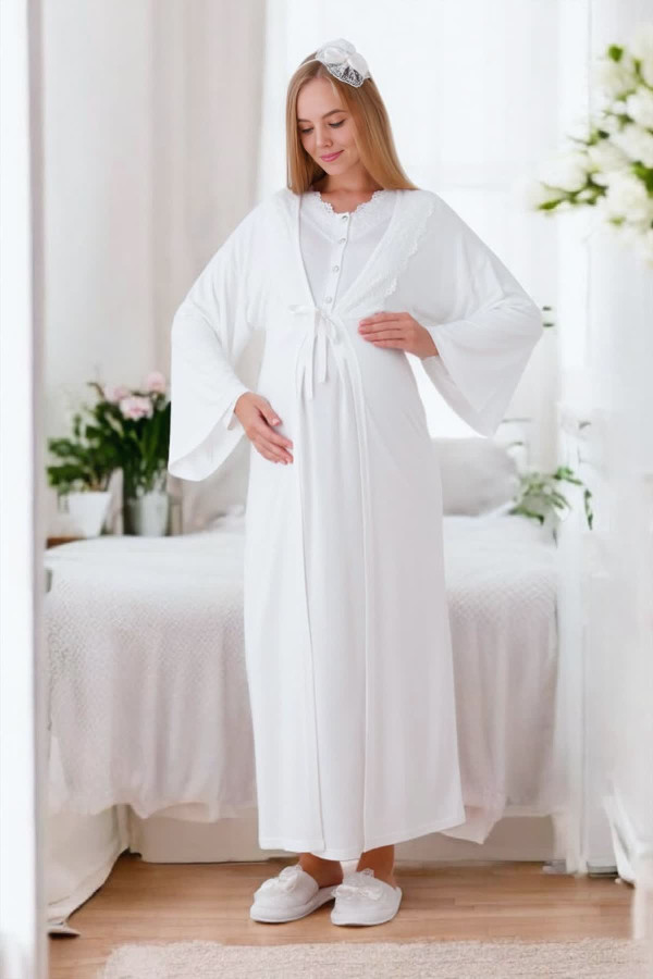 ekru renk dantel detaylı erdeniz 2284 sabahlıklı 2li hamile gecelik takım, 8509990013127, erdeniz pijama takımı, Erdeniz