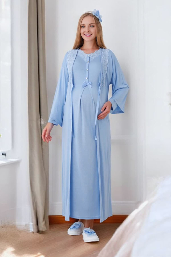 bebe mavi renk dantel detaylı erdeniz 2284 sabahlıklı 2li hamile gecelik takım, 8509990013042, erdeniz pijama takımı, Erdeniz
