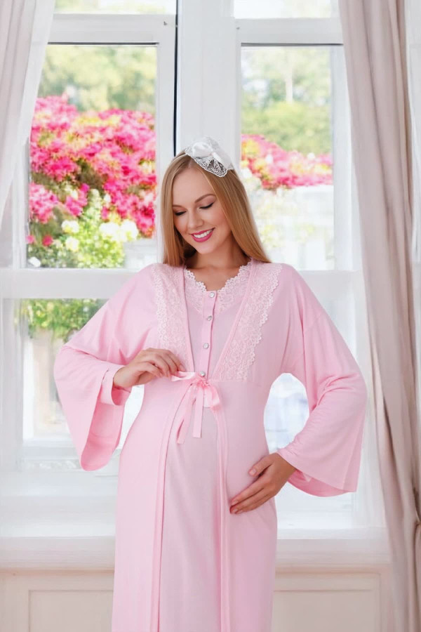 bebe pembe renk dantel detaylı erdeniz 2284 sabahlıklı 2li hamile gecelik takım, 8509990013080, erdeniz pijama takımı, Erdeniz