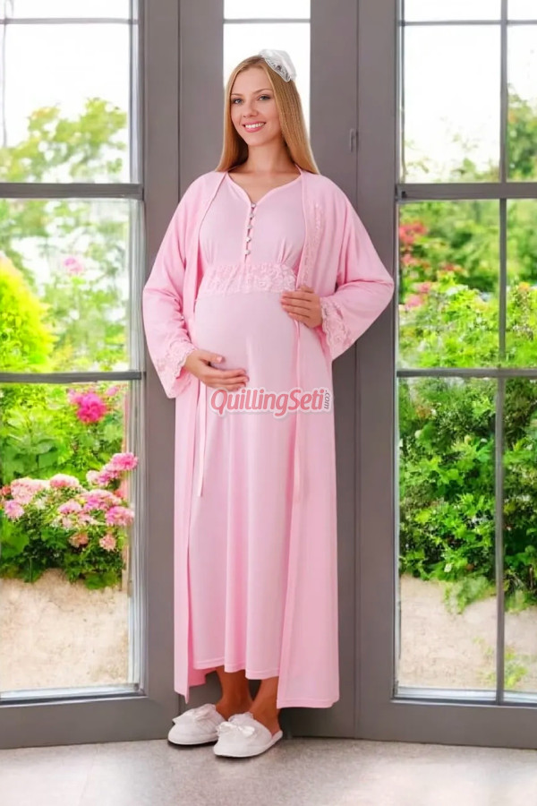 pembe renk dantel detaylı erdeniz 2285 sabahlıklı 2li hamile gecelik takım, 8509990003340, erdeniz pijama takımı, Erdeniz