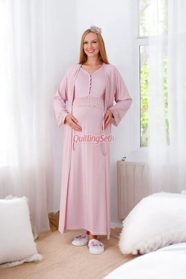 pudra renk dantel detaylı erdeniz 2285 sabahlıklı 2li hamile gecelik takım, 8509990003210, erdeniz pijama takımı, Erdeniz