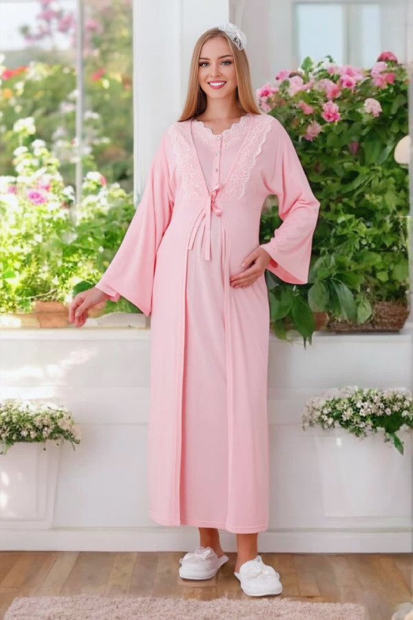 somon renk dantel detaylı erdeniz 2284 sabahlıklı 2li hamile gecelik takım, 8509990013004, erdeniz pijama takımı, Erdeniz