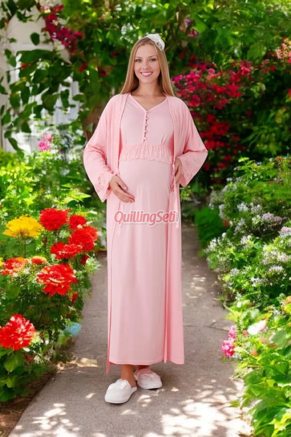 somon renk dantel detaylı erdeniz 2285 sabahlıklı 2li hamile gecelik takım, 8509990003388, erdeniz pijama takımı, Erdeniz