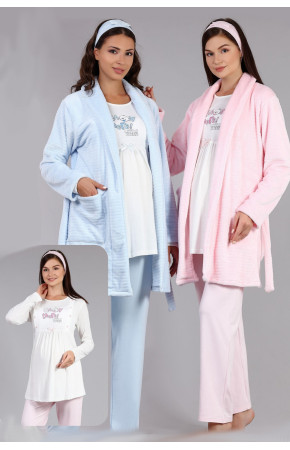 BAHA 4011 Polar Sabahlıklı Lohusa Pijama Takımı - Renk Seçenekli 3 lü Hamile Pijaması