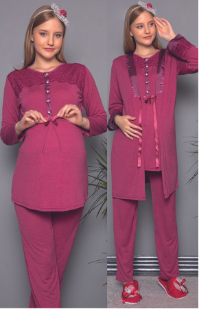 Erdeniz 3328 Sabahlıklı Lohusa Pijama Takımı - Renk Seçenekli 3 lü Hamile Pijaması