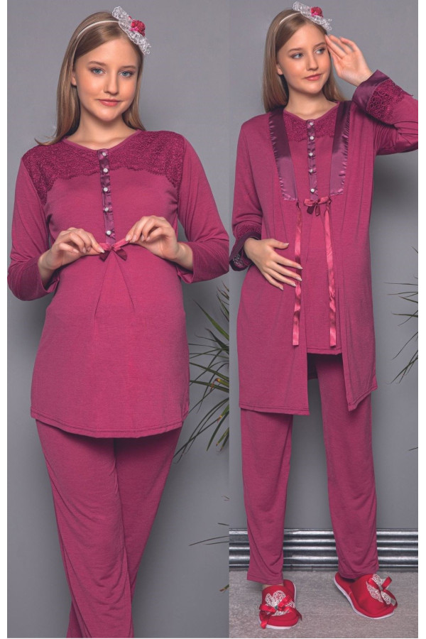 erdeniz 3328 sabahlıklı lohusa pijama takımı - renk seçenekli 3 lü hamile pijaması, erdeniz3328, lohusa pijama takımları