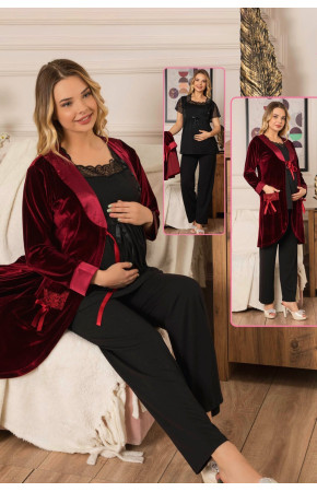 Bordo Kadife Sabahlıklı Siyah Lohusa Pijama Takımı Jenika 40780 - Jenika Lohusa Giyim 3lü Bordo Kadife Sabahlıklı Hamile Pijaması