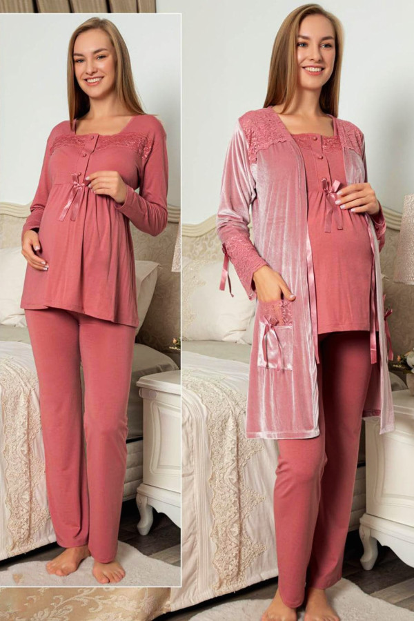 kadife sabahlıklı lohusa pijama takımı jenika 49189 - jenika lohusa giyim 3lü kadife sabahlıklı hamile pijaması, jenika-49189, lohusa pijama takımları, Jenika