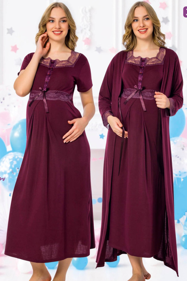 mürdüm renkli sabahlıklı lohusa gecelik pijama takımı jenika 36397 2 li sabahlıklı hamile gecelik takım, jenika-36397, lohusa gecelik takım, Jenika