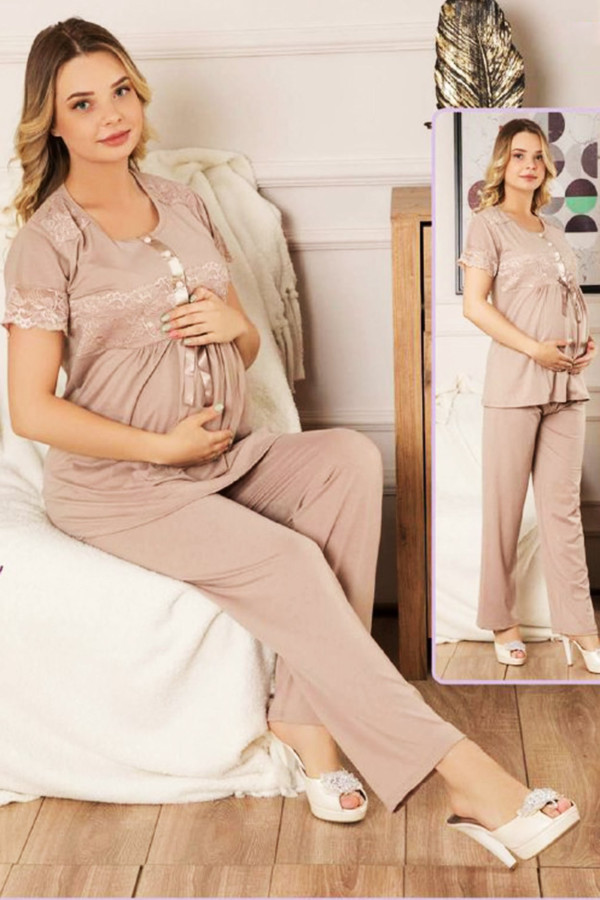 bej renk lohusa pijama takımı jenika 40635 - jenika lohusa giyim 2 li hamile pijaması, jenika40635, lohusa pijama takımları, Jenika