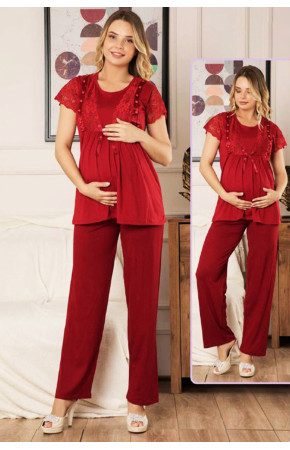 Bordo Renk Lohusa Pijama Takımı Jenika 42654 - Jenika Lohusa Giyim 2 li Hamile Pijaması