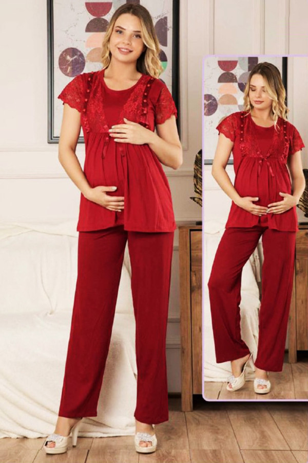 bordo renk lohusa pijama takımı jenika 42654 - jenika lohusa giyim 2 li hamile pijaması, jenika42654, lohusa pijama takımları