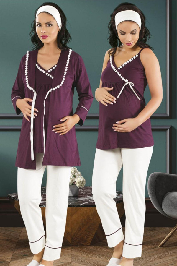 mürdüm - beyaz renk sabahlıklı lohusa pijama takımı jenika 45859 - jenika lohusa giyim 3lü sabahlıklı hamile pijaması, jenika45859, lohusa pijama takımları, Jenika