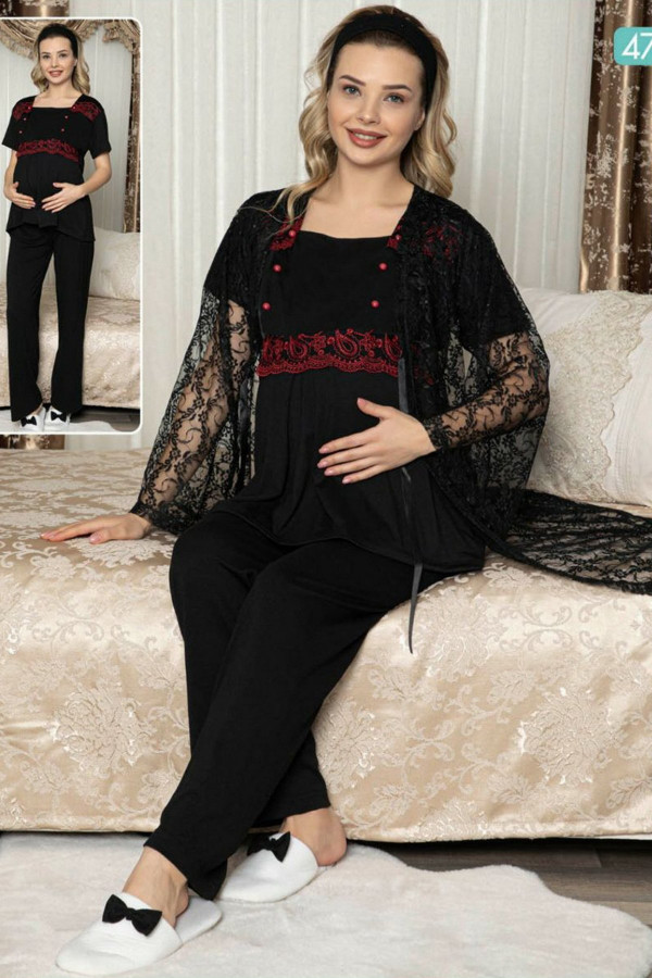 sabahlıklı lohusa pijama takımı jenika 47123 - jenika lohusa giyim 3lü sabahlıklı hamile pijaması, jenika47123, lohusa pijama takımları, Jenika