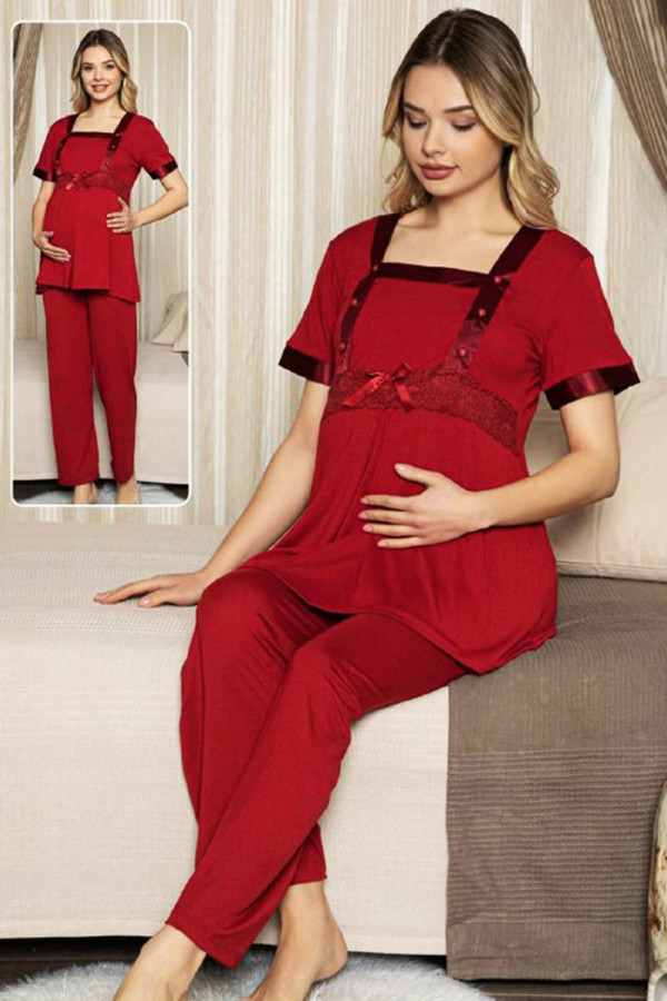bordo renk lohusa pijama takımı jenika 47187 - jenika lohusa giyim 2 li hamile pijaması, jenika47187, lohusa pijama takımları