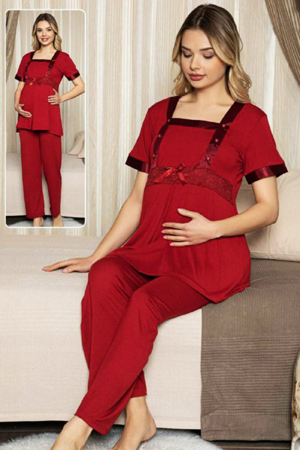 bordo renk lohusa pijama takımı jenika 47187 - jenika lohusa giyim 2 li hamile pijaması, jenika47187, lohusa pijama takımları, Jenika