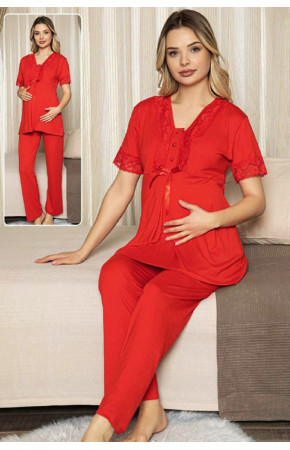 Kırmızı Renk Lohusa Pijama Takımı Jenika 47191 - Jenika Lohusa Giyim 2 li Hamile Pijaması