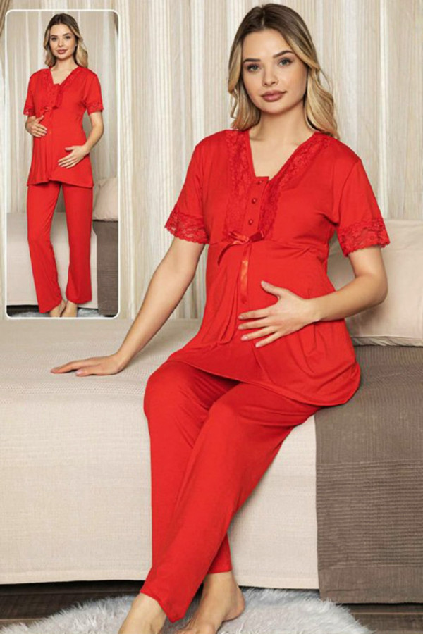 kırmızı renk lohusa pijama takımı jenika 47191 - jenika lohusa giyim 2 li hamile pijaması, jenika47191, lohusa pijama takımları