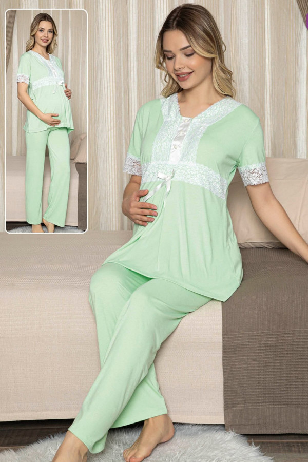 yeşil renk lohusa pijama takımı jenika 47192 - jenika lohusa giyim 2 li hamile pijaması, jenika47192, lohusa pijama takımları