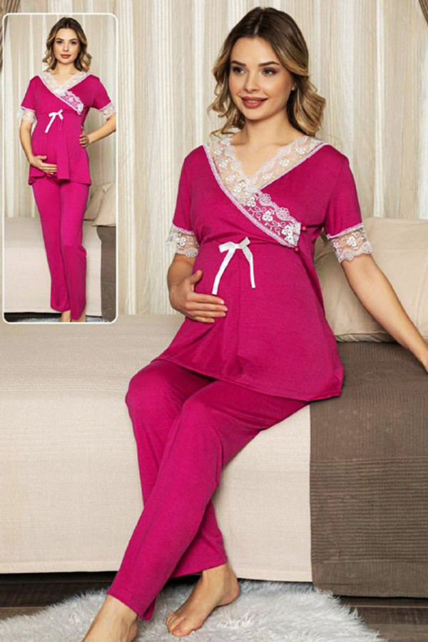 fuşya renk lohusa pijama takımı jenika 47194 - jenika lohusa giyim 2 li hamile pijaması, jenika47194, lohusa pijama takımları