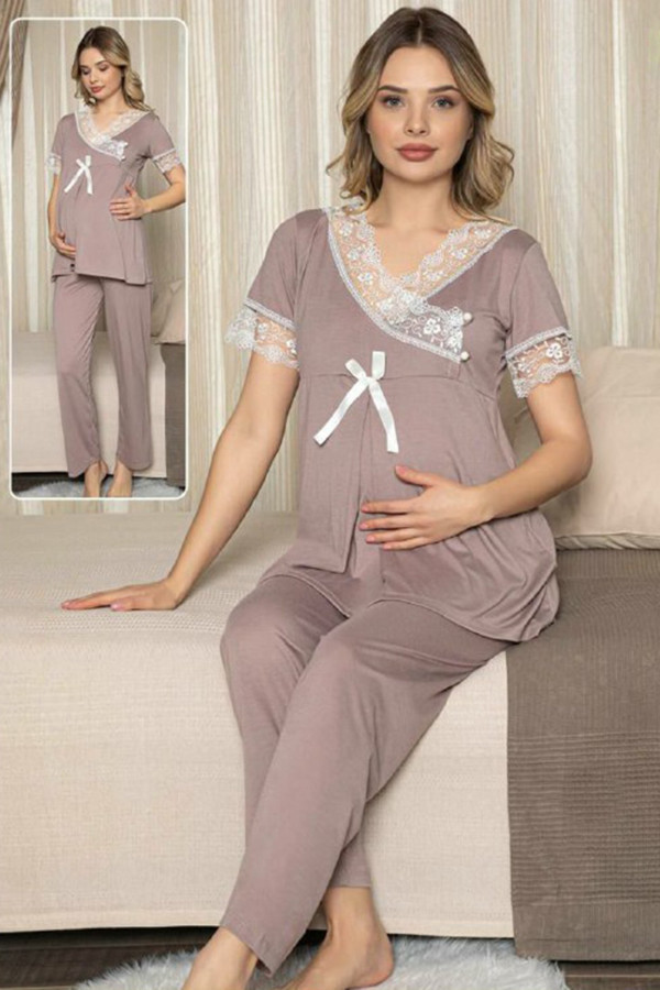 kahverengi renk lohusa pijama takımı jenika 47196 - jenika lohusa giyim 2 li hamile pijaması, jenika47196, lohusa pijama takımları