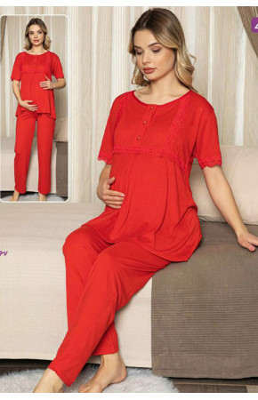 Kırmızı Renk Lohusa Pijama Takımı Jenika 47202 - Jenika Lohusa Giyim 2 li Hamile Pijaması