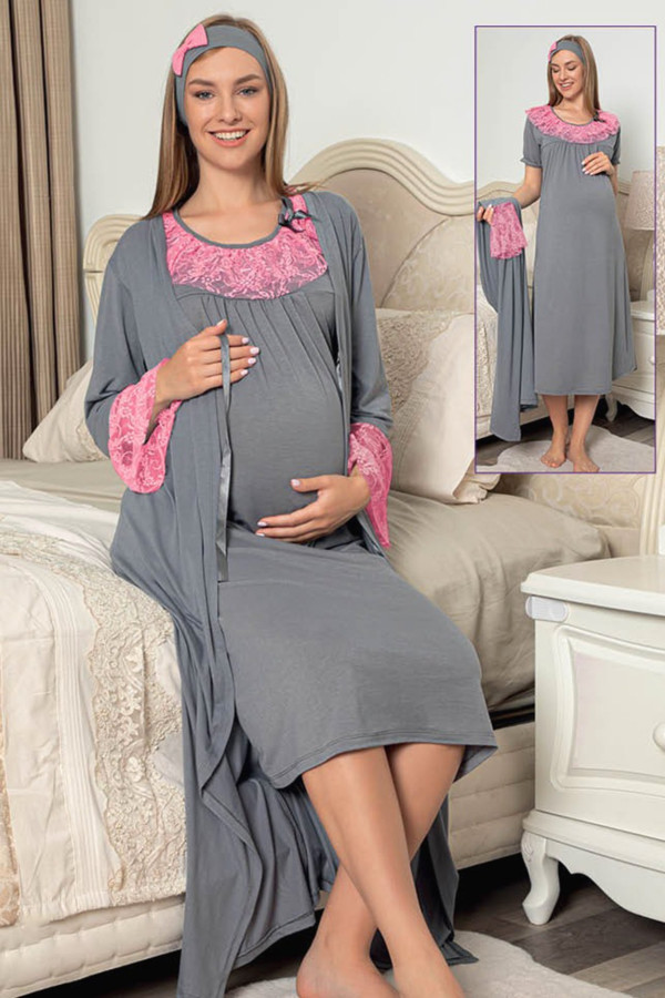 gri renkli sabahlıklı lohusa gecelik pijama takımı jenika 48128 2 li sabahlıklı hamile gecelik takım, jenika-48128, lohusa gecelik takım, Jenika