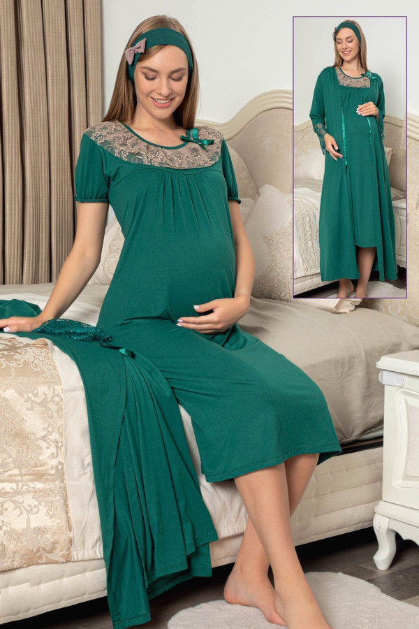 yeşil renkli sabahlıklı lohusa gecelik pijama takımı jenika 48130 2 li sabahlıklı hamile gecelik takım, jenika-48130, lohusa gecelik takım, Jenika